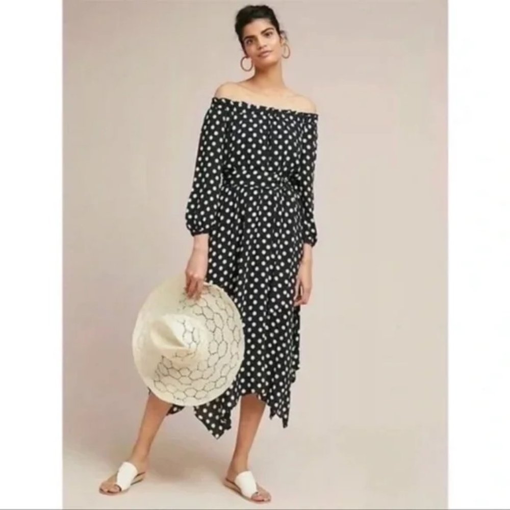 Anthropologie Maeve Gerti Polka Dot Off Shoulder Belted Waist Midi Dress Size 2